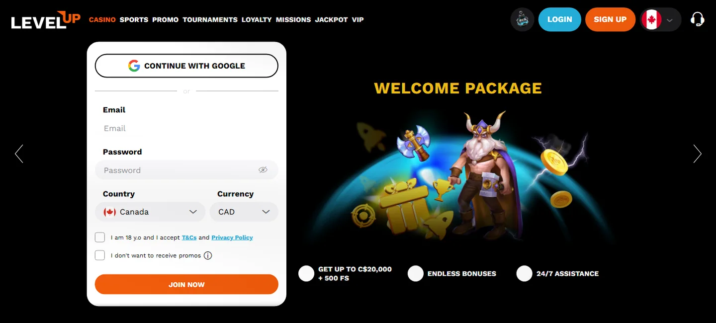 LevelUp Casino — Bis zu 20.000 € + 500 Freispiele